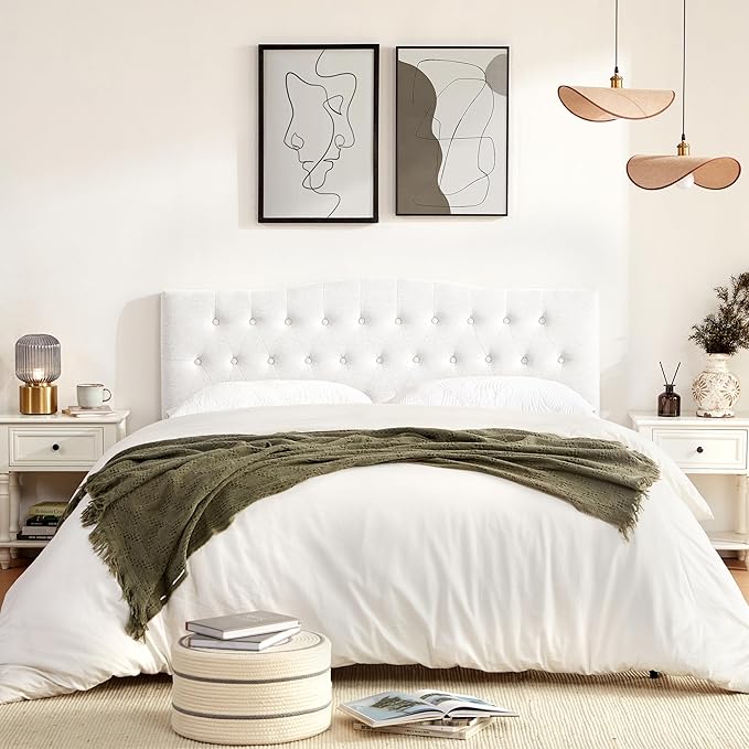Tufted Upholstered Headboard Twin Size, Sturdy and Durable Solid Wood Twin XL headboard, Fabric Headboard Adjustable Height from 37” to 51”, Modern Button Diamond Design Head Board, White