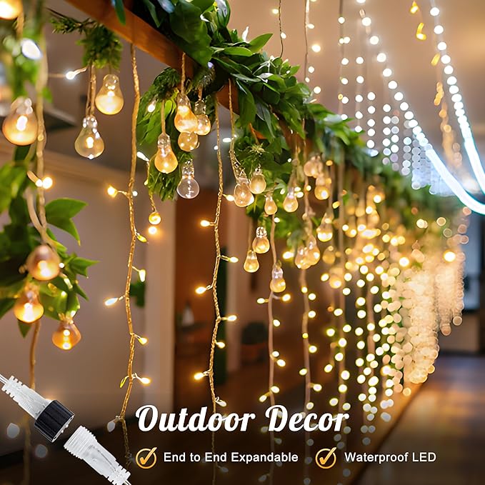 HEYFUNi 304 LED Curtain Lights Outdoor, 9.8Ft*9.8Ft Hanging String Lights Plug in with 8 Modes, Connectable Curtain Fairy Lights for Bedroom, Dorm, Christmas, Wall, Backdrop, Wedding Decor, Warm White