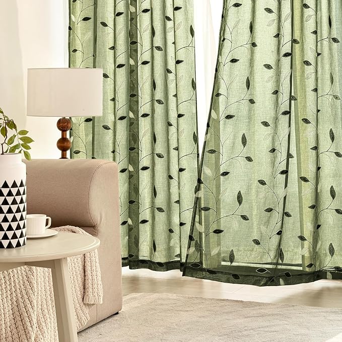 MIULEE Olive Green Sheer Curtains 2 Panels Leaf Patterned, W52 x L84 | - Image 3