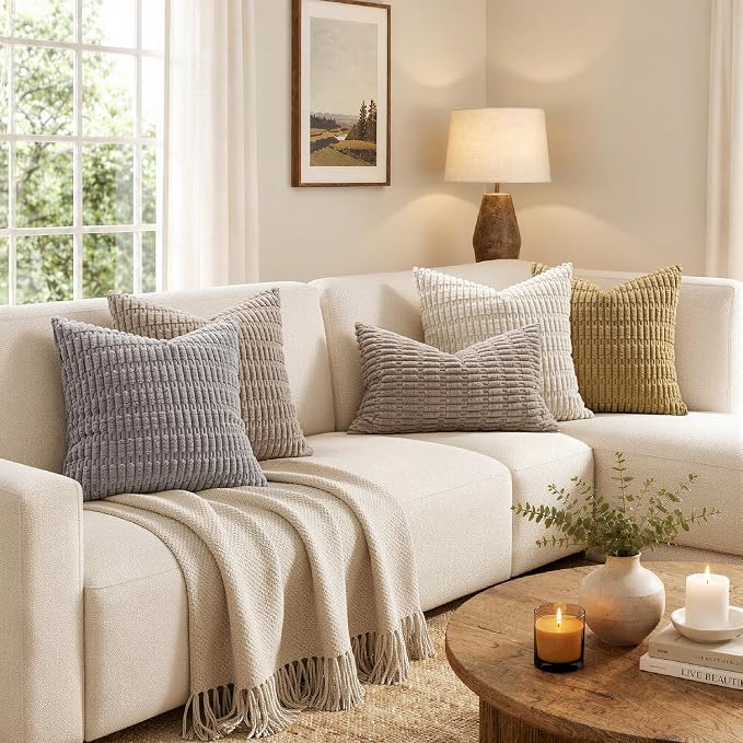 MIULEE Corduroy Decorative Throw Pillow Covers 12x12 Light Brown Pack of 2 | - Image 3