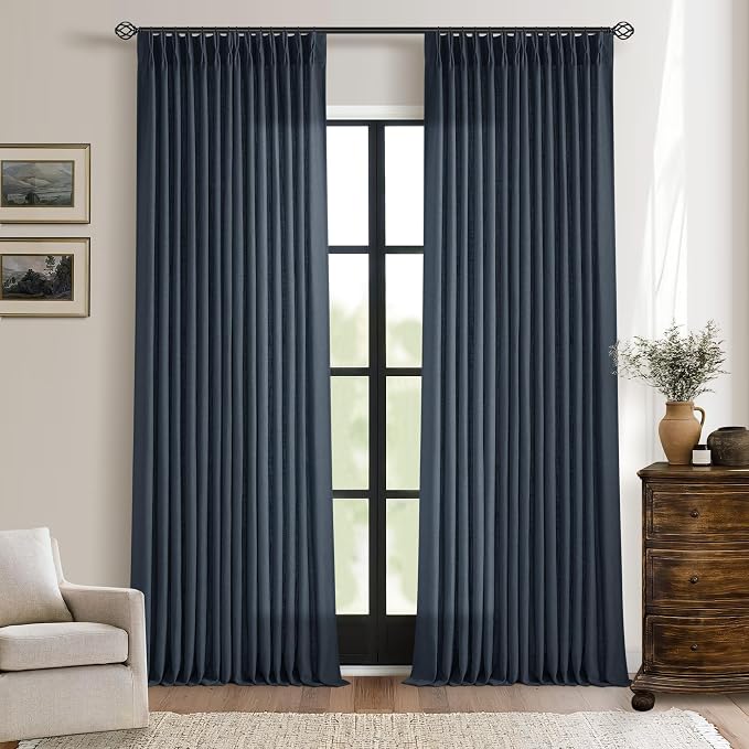 Navy Blue Linen Pinch Pleated Curtains 96 Inches Long 2 Panels | Semi Sheer - Image 9