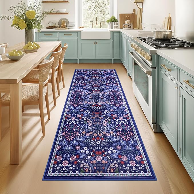 PLHXFR 2x5 Washable Runner Rug：Floral Indoor Kitchen Soft Carpet Blue | by PLHXFRSoftAreaRugs