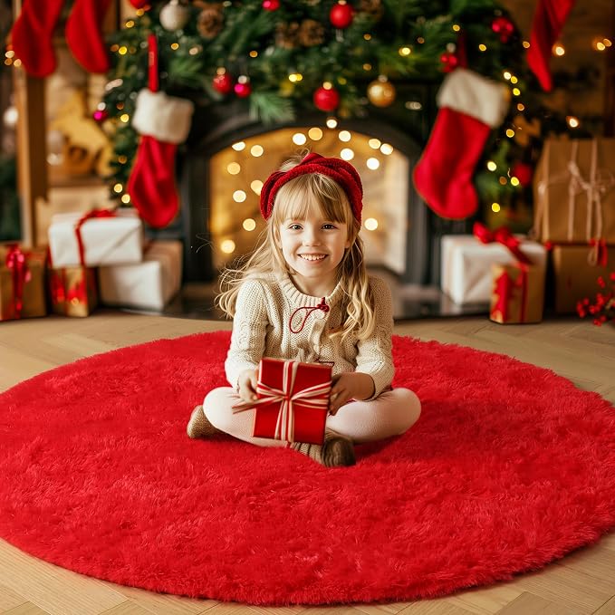Amdrebio Red Fluffy Plush Large Round Area Rug 7Ft - Image 8