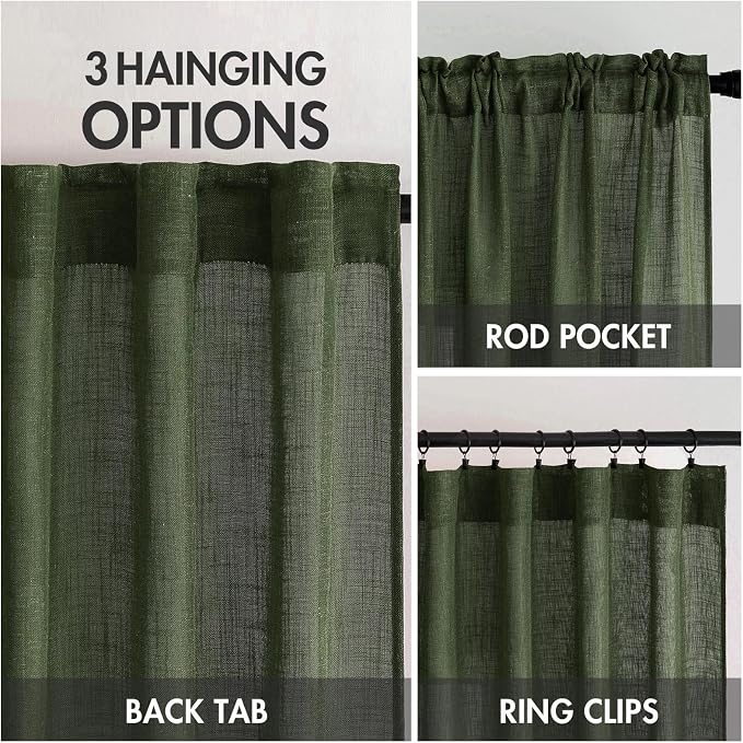 MIULEE Olive Green Linen Curtains 52x102 Inch Length 2 Panels - Image 3