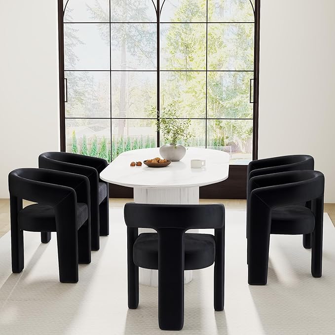 Modern Barrel Dining Chairs Set of 5, Velvet Upholstered Accent Side Chair with Arms Comfy Makeup Vanity Chairs, Dining Living Room Kitchen Chairs, Black