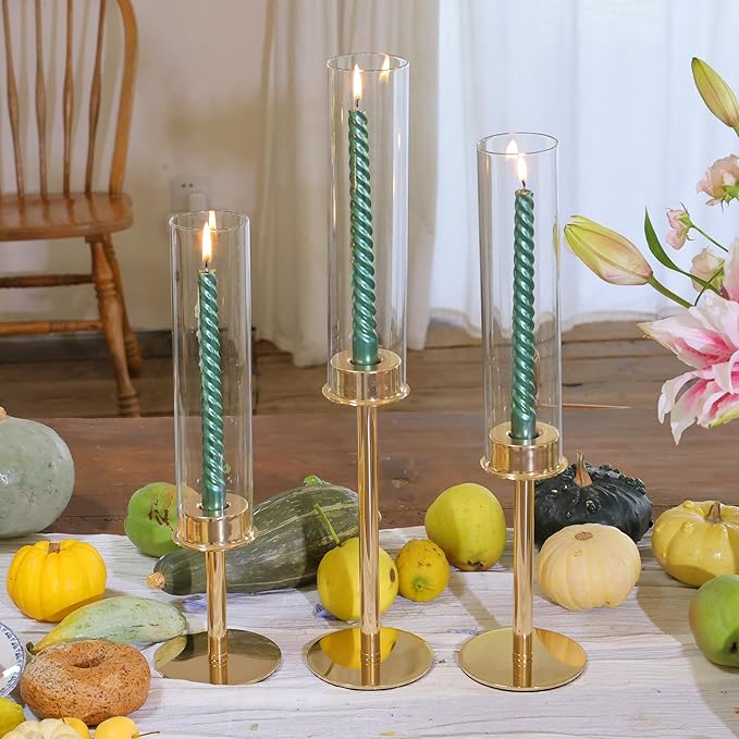 Hurricane Candle Holders Metal Candlestick Holder for Glass Taper Tall Candle Holders with Crystal Chimney Tube Candles Stands for Home Decor, Christmas, Dinning (18, Gold)