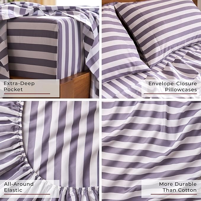 Mellanni King Sheets Set - 4 PC Iconic Collection Bedding - Hotel Luxury, Extra Soft, Cooling Bed Sheets - Wrinkle, Fade, Stain Resistant (King, Oxford Stripe Hazy Lilac)