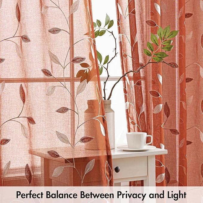 MIULEE Terracotta Sheer Fall Curtains 2 Panels Leaf Patterned, W52 x L54 | - Image 5