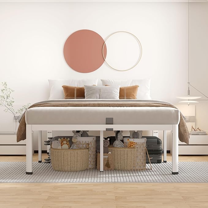 ROIL 14 Inch White Queen Bed Frame with Rounded Corner and Headboard Hole Mattress Retainers 3500LBS Heavy Duty Steel Slats No Box Spring Needed Platform Noise-Free Easy Assembly