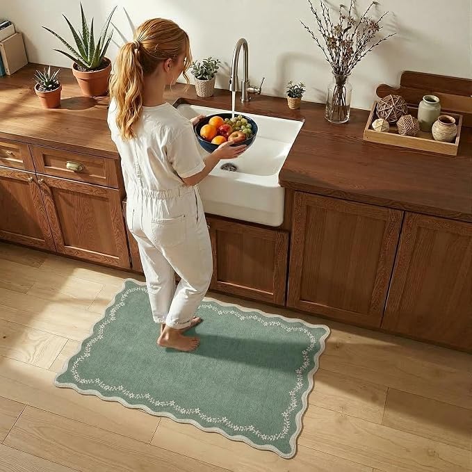 GarveeHome Scalloped Entryway Rug 2x3 Sage Green Washable Front Door Rug | - Image 3