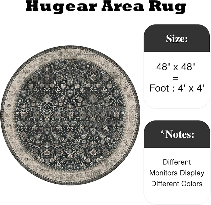 4ft Round Black Beige Vintage Floral Washable Rug - Image 2