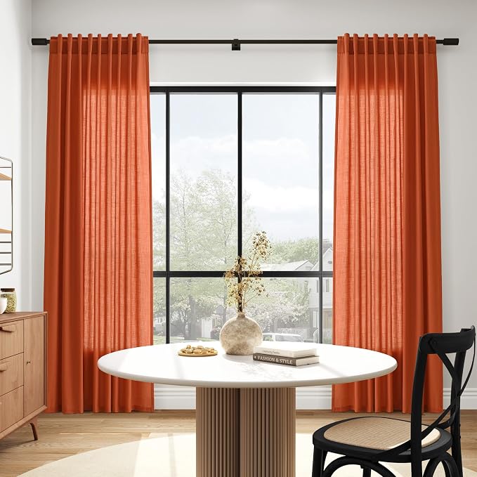 Bright Orange Linen Blend Light Filtering Back Tab Curtains 102 Inches Long - Image 6
