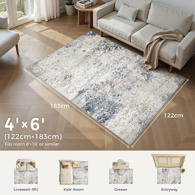 DMOYEST Area Rug Living Room Rugs 4x6 Washable Abstract Beige Blue Carpet | - Image 2