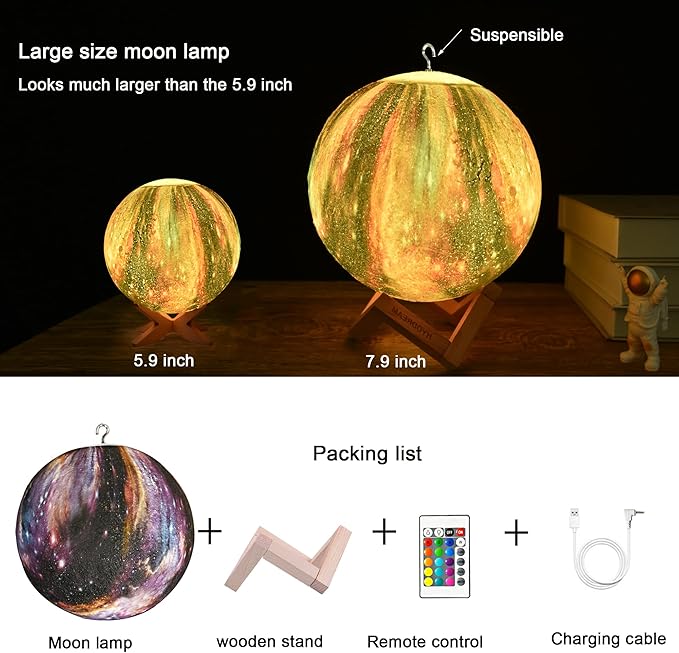 7.9 inch Large Moon Lamp Galaxy Starry Moon Night Light with Touch and Remote Control 16 Colors as Cool Lamp Gift for Boys or Girls