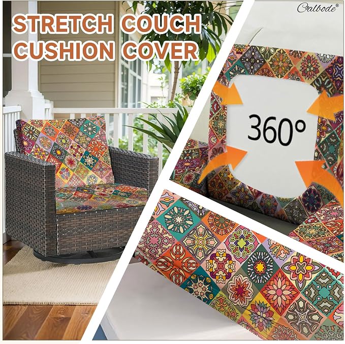 CALBODE 14Pcs Stretch Patio Cushion Cover, Bohemian Geometric Pattern | - Image 3