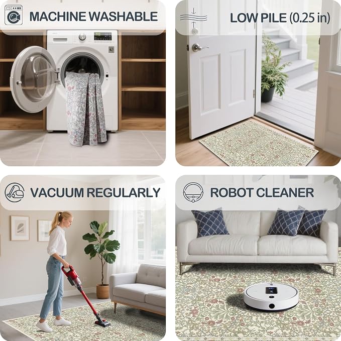 Vintage Light Green Living Room Rug, 9x12 Washable Area Rugs - Image 6