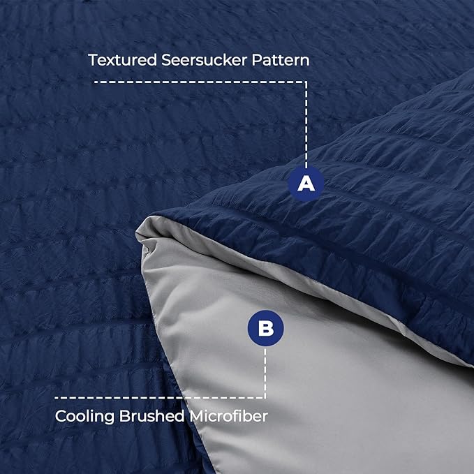 HYMOKEGE Navy Blue/Light Grey King Size Comforter Set Seersucker 7 Pieces, All Season Luxury Bed in a Bag for Bedroom, Bedding Set with Comforter, Sheets, Pillowcases & Shams