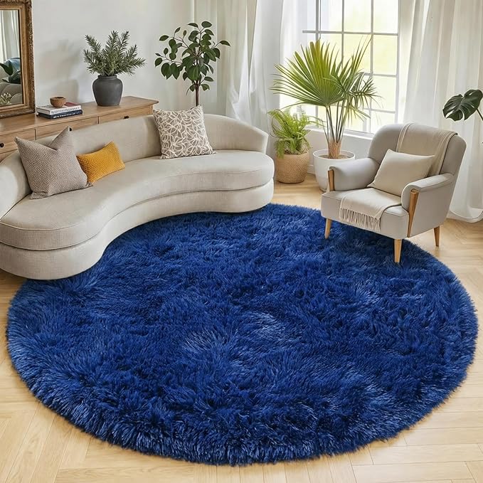 Navy Blue Round Rugs 6ft for Living Room Bedroom, Fluffy Circle Area Rug for by ONASAR