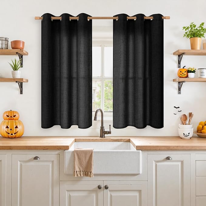 YoungsTex Black Linen Semi Sheer Curtains 54 Inch Length - Image 2