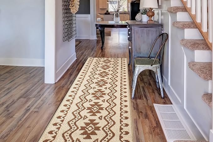 Custom Length Cut to Size Tribal Ethnic Southwestern Inspired Hallway Runner Rug, Non Slip Rubber Backed, 31 inch Wide X Customized Length, Aztec Beige, 31 inch X 15 feet