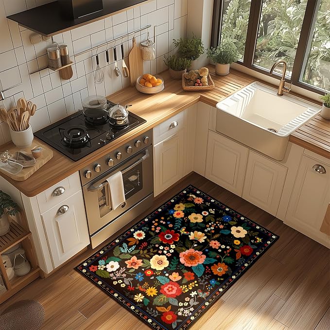 RELEANY Floral Washable 2x3 Area Rugs Doormat Black | Flower Carpet Print Boho - Image 3