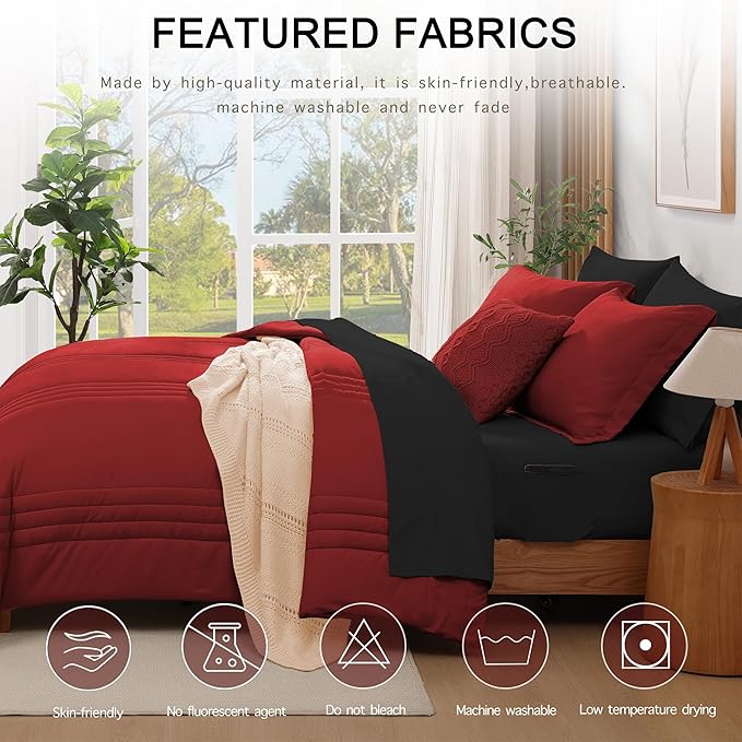 Monbix Full Comforter Set - 7 Pieces Bright Red Bed in a Bag Full Size Bedding Sets with Comforters, All Seasons Down Alternative Comforter with Sheets, Pillowcases & Shams