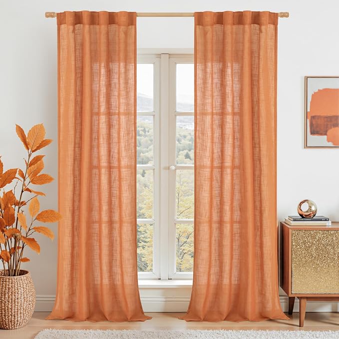 Burnt Orange Linen Curtains for Living Room Bedroom 2 Panels | 84 inch Length by LAMIT