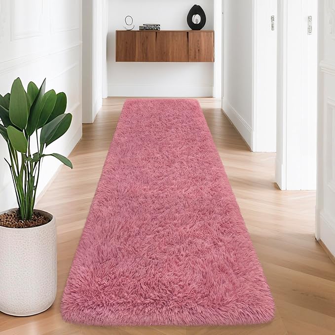 2x8 Bedside Area Rugs for Bedroom Soft Fluffy Shag Blush Pink Rug for Hallway by JiaoBaba