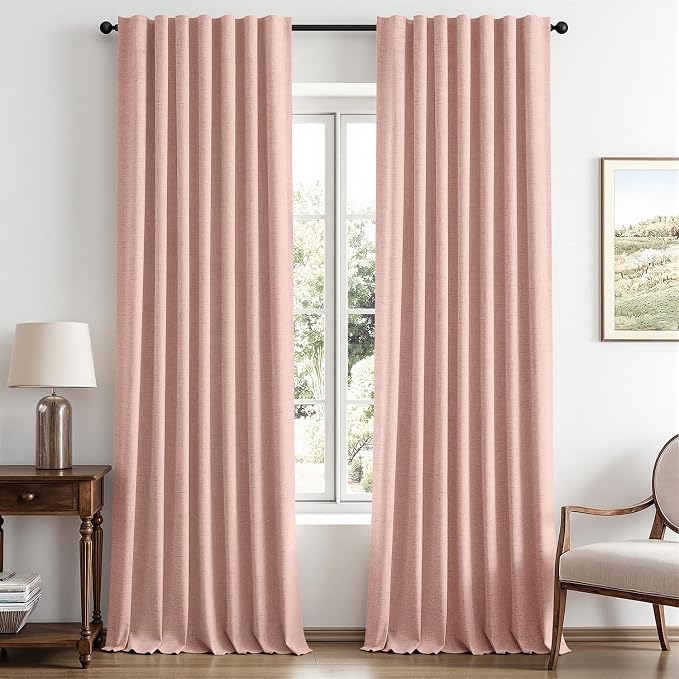 MIULEE 100% Blackout Linen Curtains 42 x 96 Inch Blush Pink 2 Panels | Thermal by MIULEE