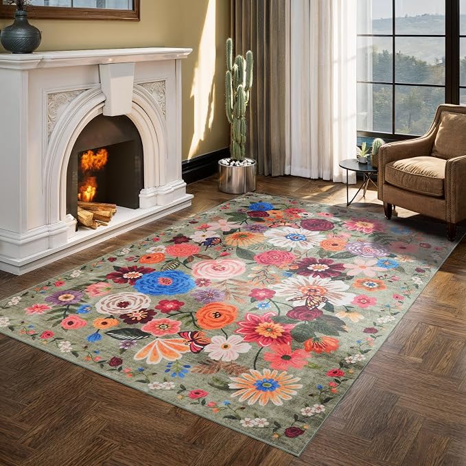 Green Floral Washable Area Rug 6x9 - Image 6