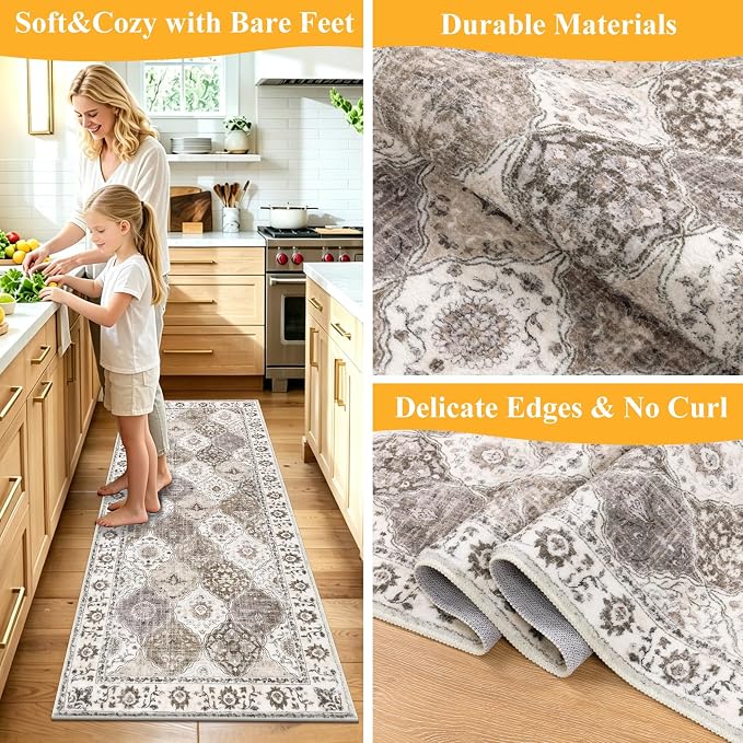 HEBE Hallway Runner Rug 2'x5', Washable Non Slip Kitchen Rug Runner | Soft Boho - Image 5