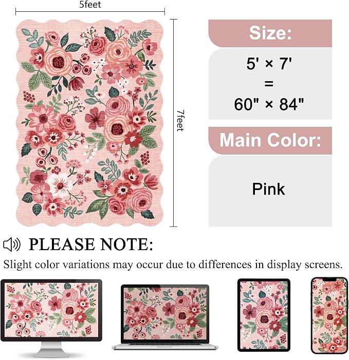 DUKINO 5x7 Area Rugs for Bedroom, Floral Washable Rug Non Slip, Stain Resistant - Image 2