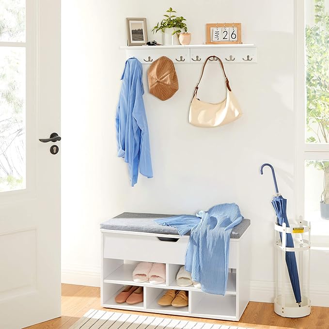 SONGMICS Entryway Hanging Coat Rack, Wall-Mounted Wooden Shelf, with 4 Double Hooks, Wall Floating Shelf, White ULHR42WT