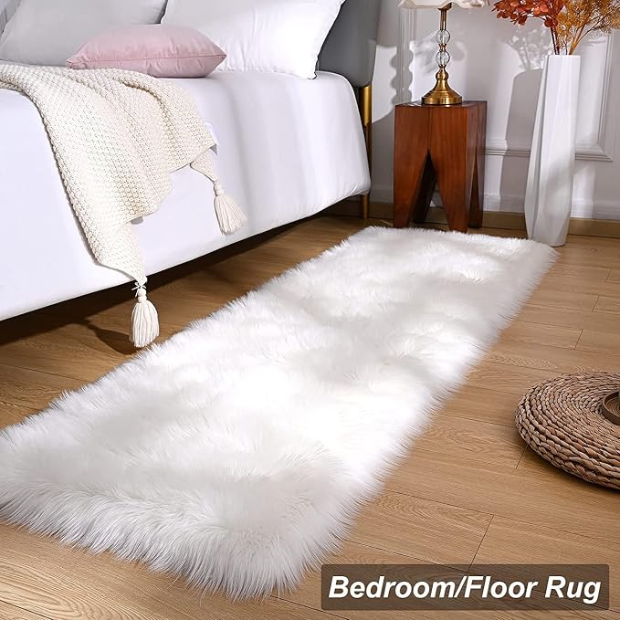 Fluffy White Faux Fur Rug Runner 2x6 ft, Soft Faux Sheepskin Rug White Furry - Image 2