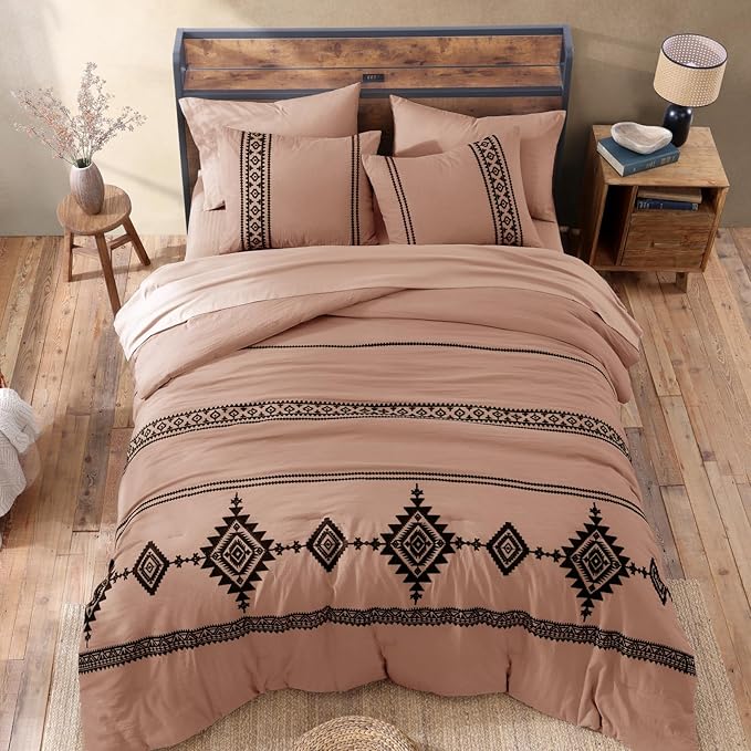MaiRêve Embroidery King Size Comforter Set Dusty Pink, Boho Farmhouse Western Bedding Set 7 Pieces, All Season Bed in A Bag Comforter Set with Sheets, Pillowcases & Shams