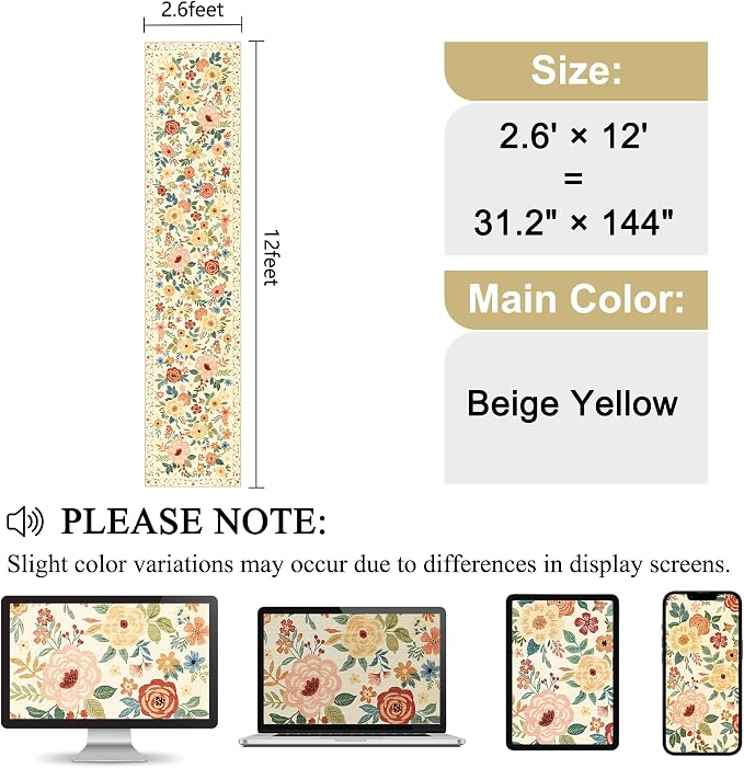 DUKINO 2.6x12 Kitchen Runner Rug, Floral Non Slip Washable Rug Beige Yellow | - Image 2