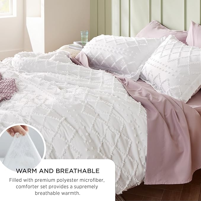 Bedsure King Comforter Set - White Comforter, Boho Tufted Shabby Chic Bedding for Kids, 3 Pieces Vintage Farmhouse Bed Set for All Seasons, Fluffy Soft Bedding with 2 Pillow Shams