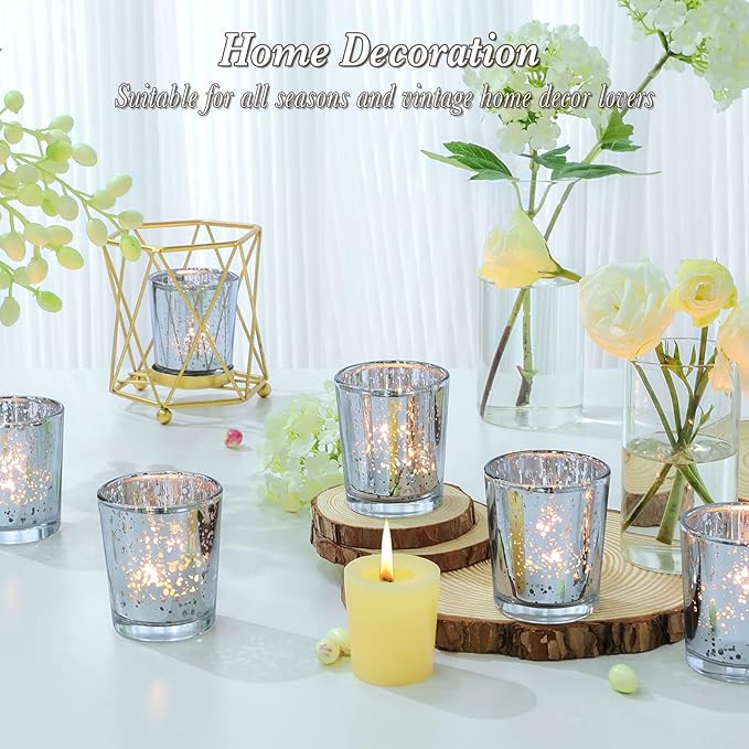 Votive Candle Holders Set of 24, Speckled Mercury Silver Candle Holders for Wedding Centerpiece Table Decorations, Tealight Candle Holder for Party Bridal Shower Decor, Home Decor
