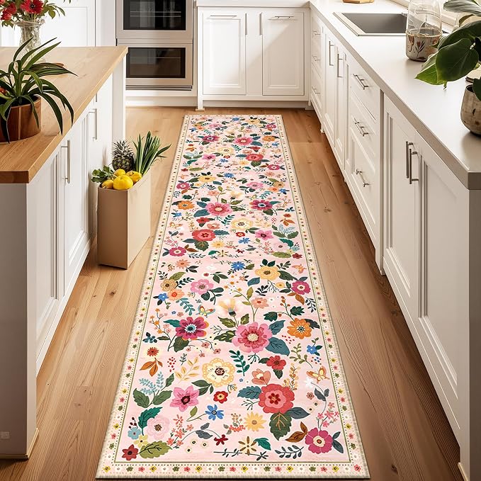 Floral Washable 2x6 Area Rugs Runner Entryway Hallway Pink | Flower Carpet - Image 6