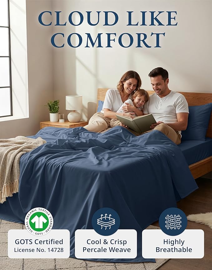LANE LINEN Eco Friendly 100% Organic Cotton Fully Elasticized Full Sheet Set, Low Pilling Fade Resistant Machine Washable Naturally Cooling Full Bed Sheets, Soft & Comfy Cotton Bedding - Estate Blue