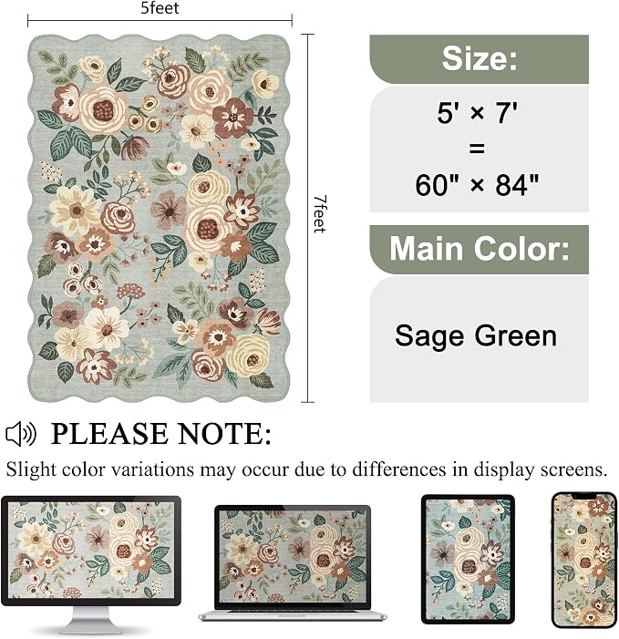 DUKINO 5x7 Area Rugs for Bedroom, Floral Washable Rug Non Slip, Sage Green | - Image 2