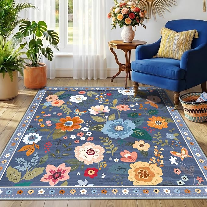 RELEANY Floral Washable Square 5ft Area Rug Blue/Grey | Flower Carpet Print - Image 6
