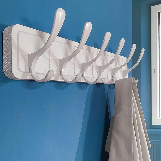 SKOLOO Coat Rack Wall Mount - Scandi-Style Wooden Carved-Block Coat Hook, Wall Coat Hanger with 6 Hooks for Hanging Coats, Hats, Clothing, Scarfs, White
