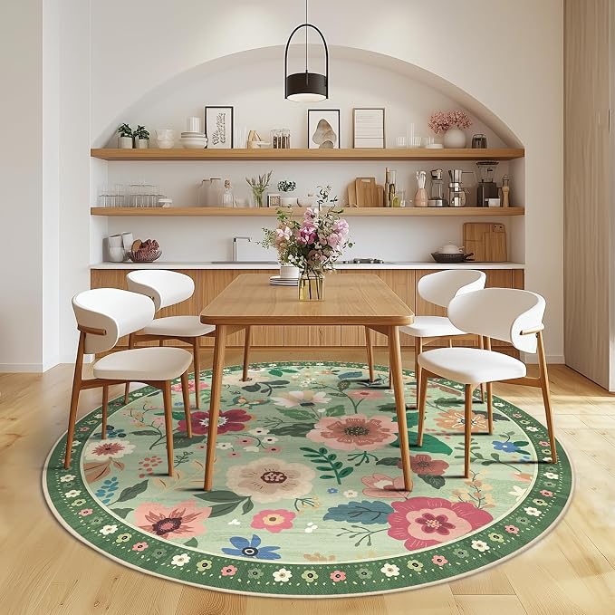 RELEANY Floral Washable Round 8ft Area Rug LightGreen | Flower Carpet Print - Image 2