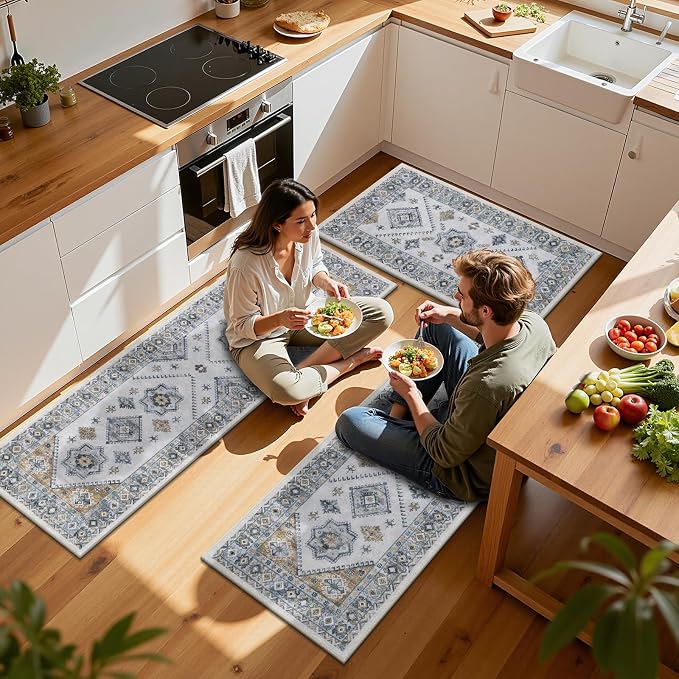 HEBE Boho Kitchen Rugs Set of 3, Non Slip Washable Kitchen Mats - Image 7