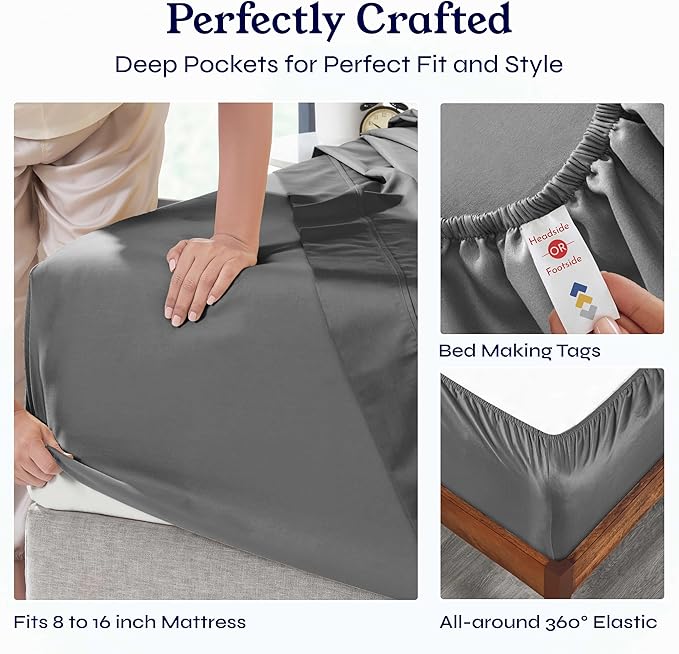 California Design Den King Size Sheet Set - Soft 400 Thread Count Sateen, Natural 100% Cotton Sheets, Deep Pockets with All-Around Elastic for a Snug Fit, Cool & Durable Bedding Set - Grey