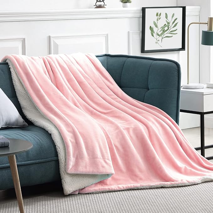 Walensee Sherpa Fleece Blanket (Throw Size 50”x60” Pink) Plush Throw Fuzzy Super Soft Reversible Microfiber Flannel Blankets for Couch, Bed, Sofa Ultra Luxurious Warm and Cozy for All Seasons