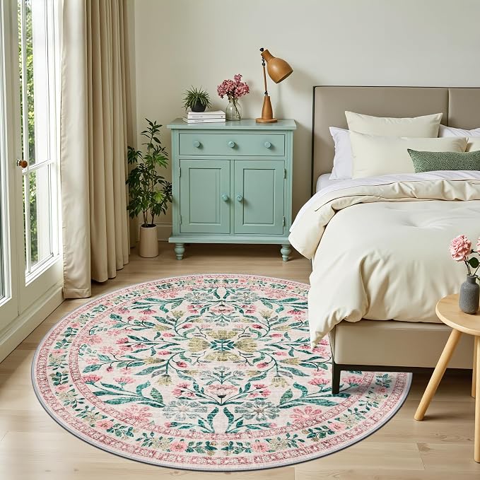 PLHXFR Round Area Rug Living Room: 6 ft Floral Washable Carpet Pink Green | - Image 3