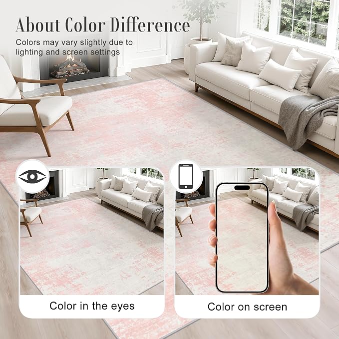 Area Rug Living Room: 4x4 Modern Washable Soft Carpet Pink White | - Image 4