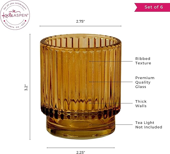 Kate Aspen Vintage Glass Tealight & Amber Votive Candle Holders (Set of 6) – Rustic Fluted Candle Holder Set, Boho Home Decor, Wedding Table Centerpieces, Farmhouse Kitchen Table Decor
